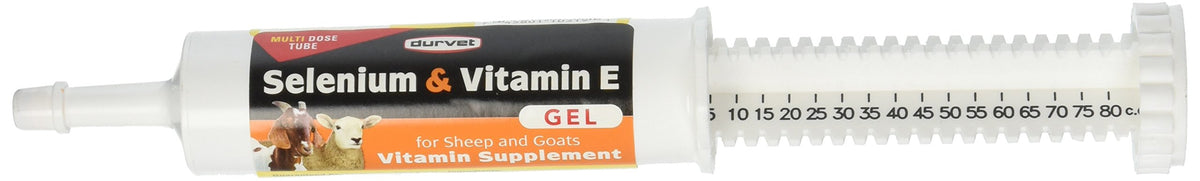 Durvet Selenium Vitamin E Gel bottle closeup for livestock vitality.