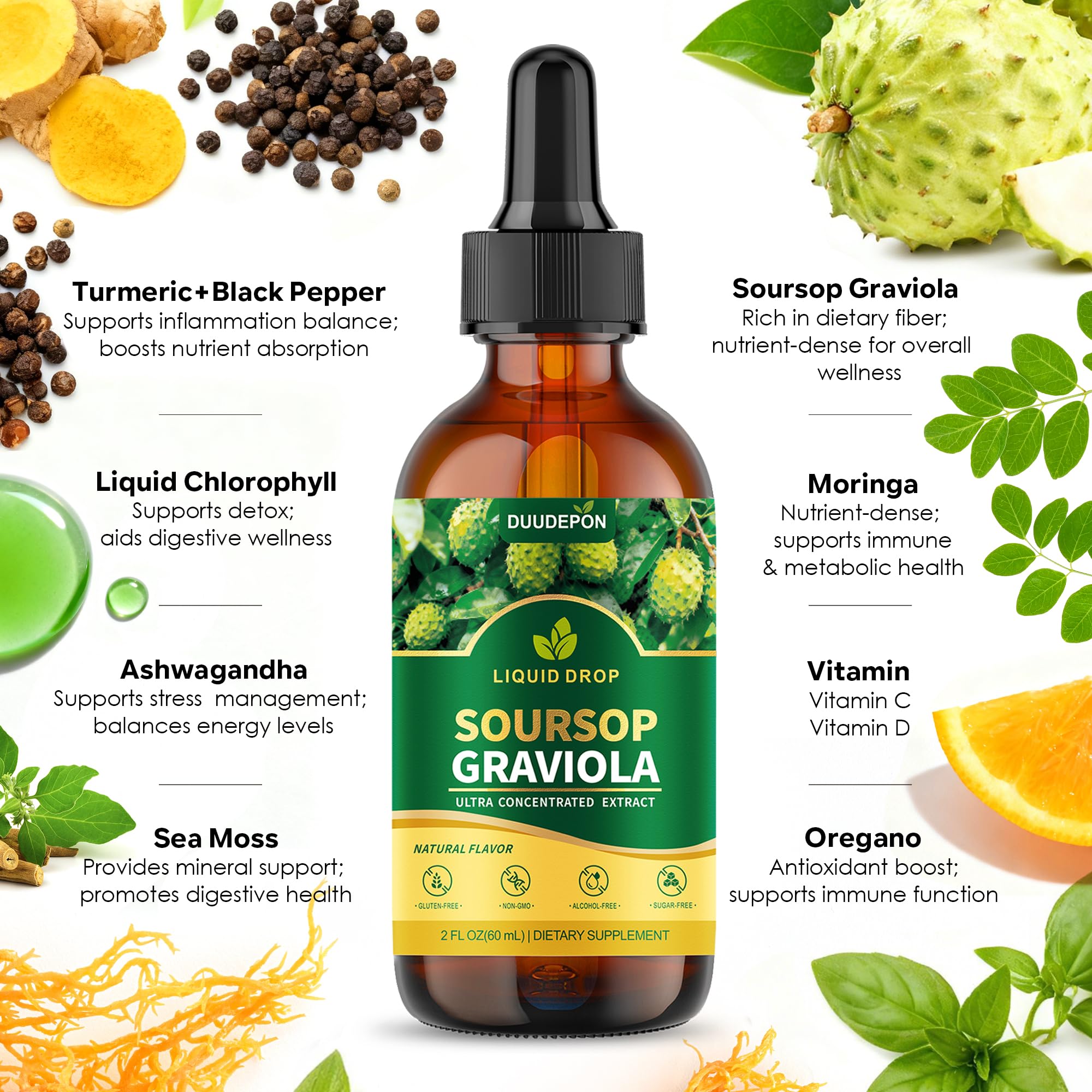 DUUDEPON Soursop Bitters bottle with turmeric to boost absorption
