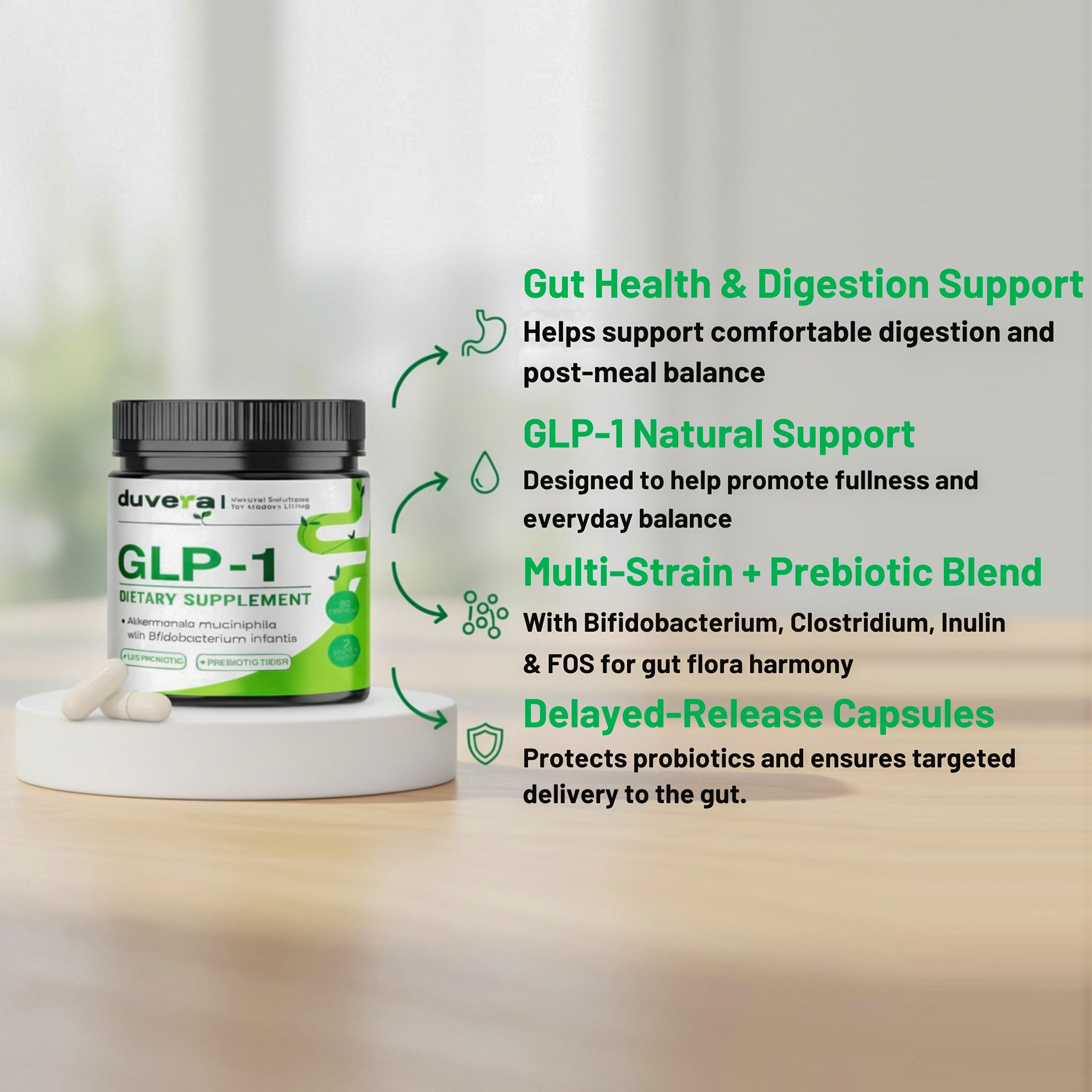 Duvera inulin and chicory root prebiotics supporting fiber intake.
