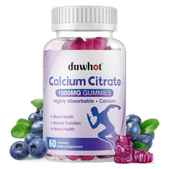 duwhot calcium citrate gummies bottle with blueberry flavor for daily bone support.