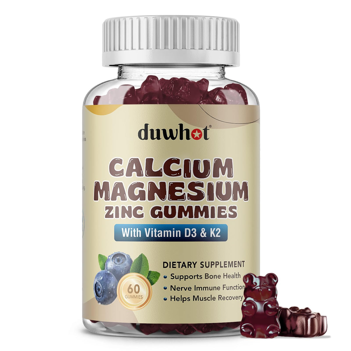 Duwhot Calcium Magnesium Zinc Gummies blueberry bottle – tasty bone and immune support in a convenient form.