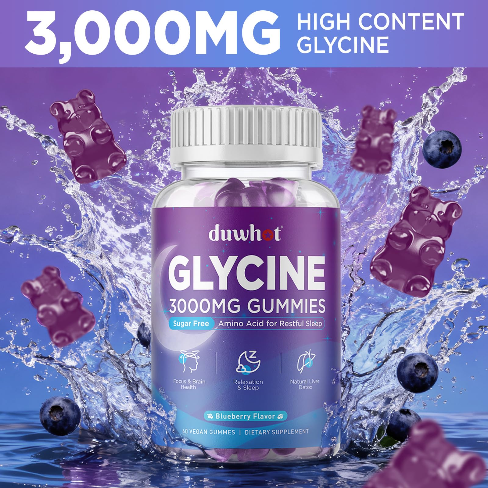 duwhot Glycine Gummies close-up of blueberry gummies for relaxed mood.
