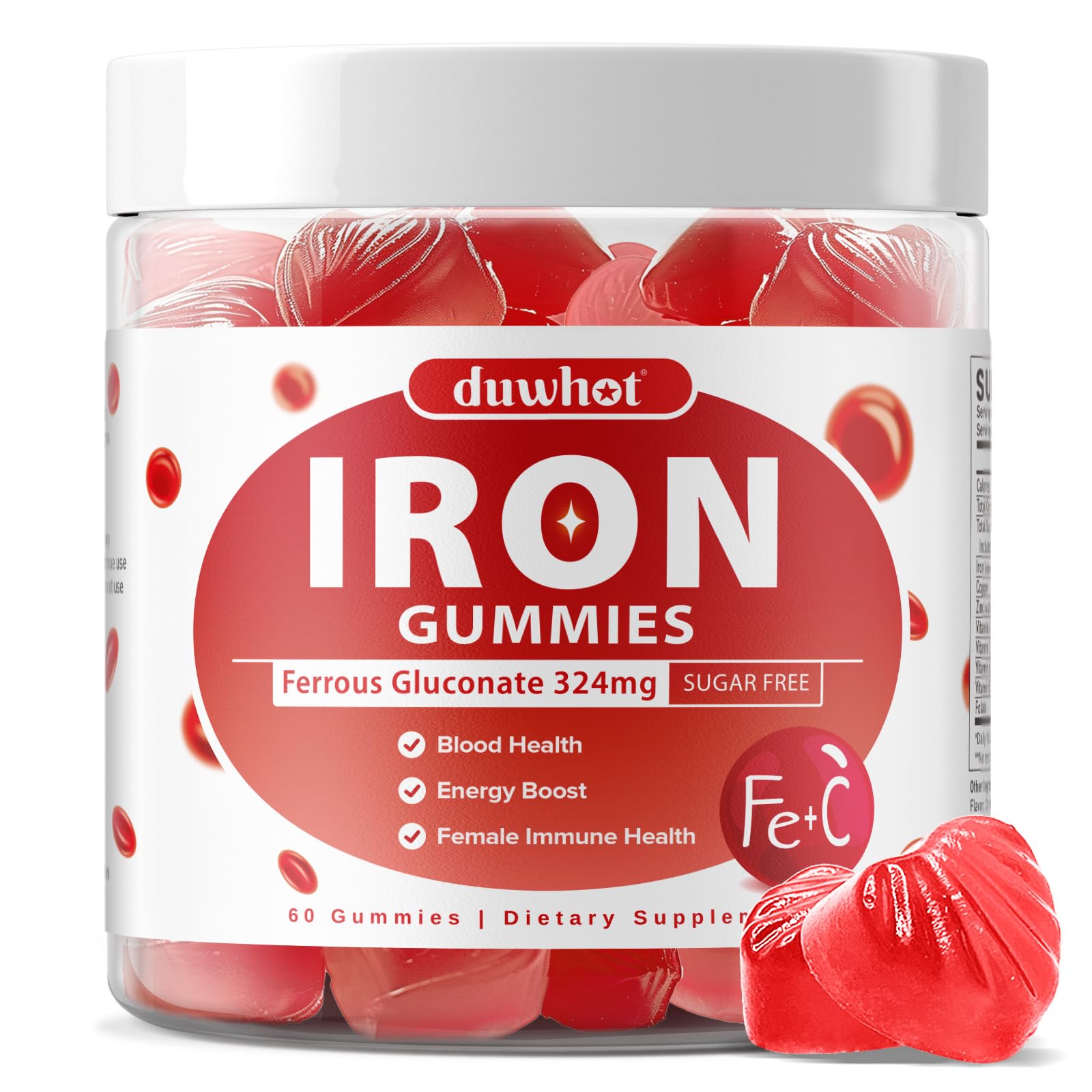 duwhot iron gummies bottle front shows label and strawberry flavor for daily energy