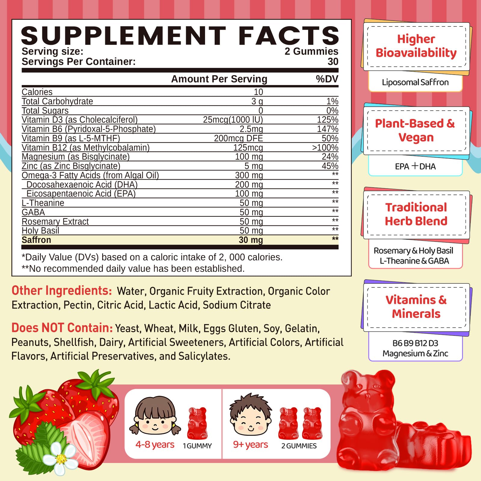 duwhot liposomal saffron gummies kids bottle back showing ingredients