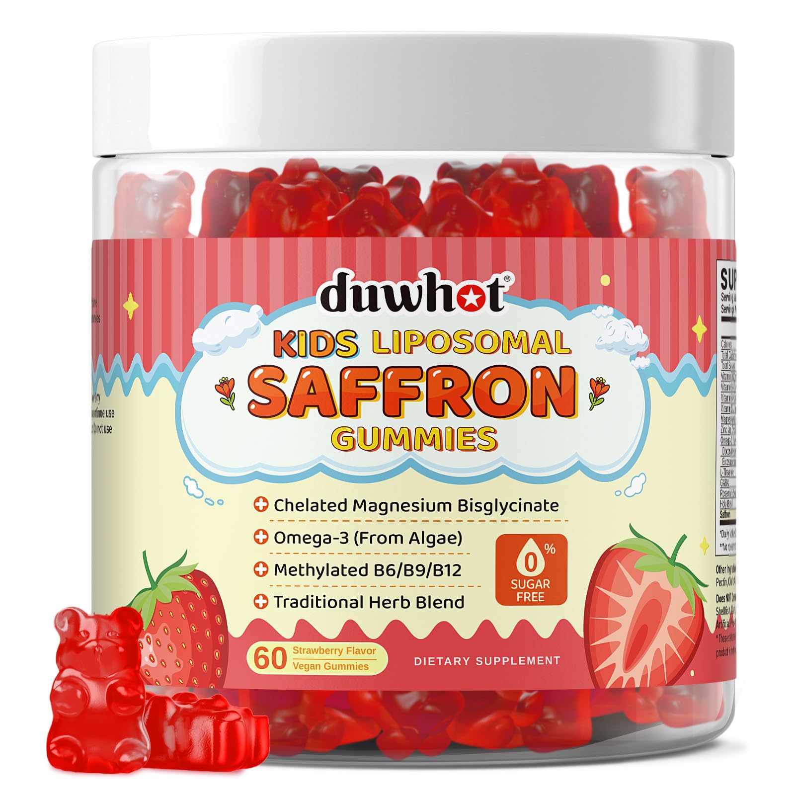 duwhot liposomal saffron gummies kids bottle front with kid-friendly packaging
