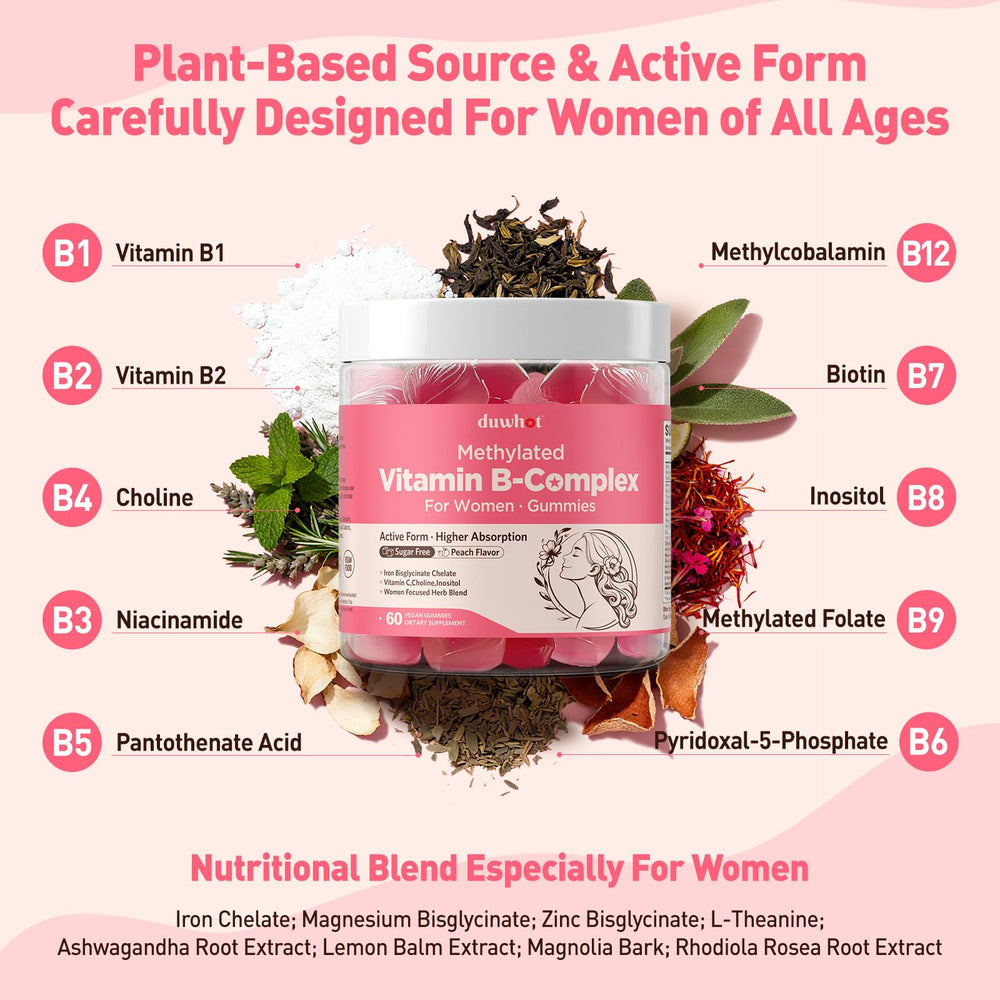 duwhot Methylated B-Complex Women gummies label with key vitamins.