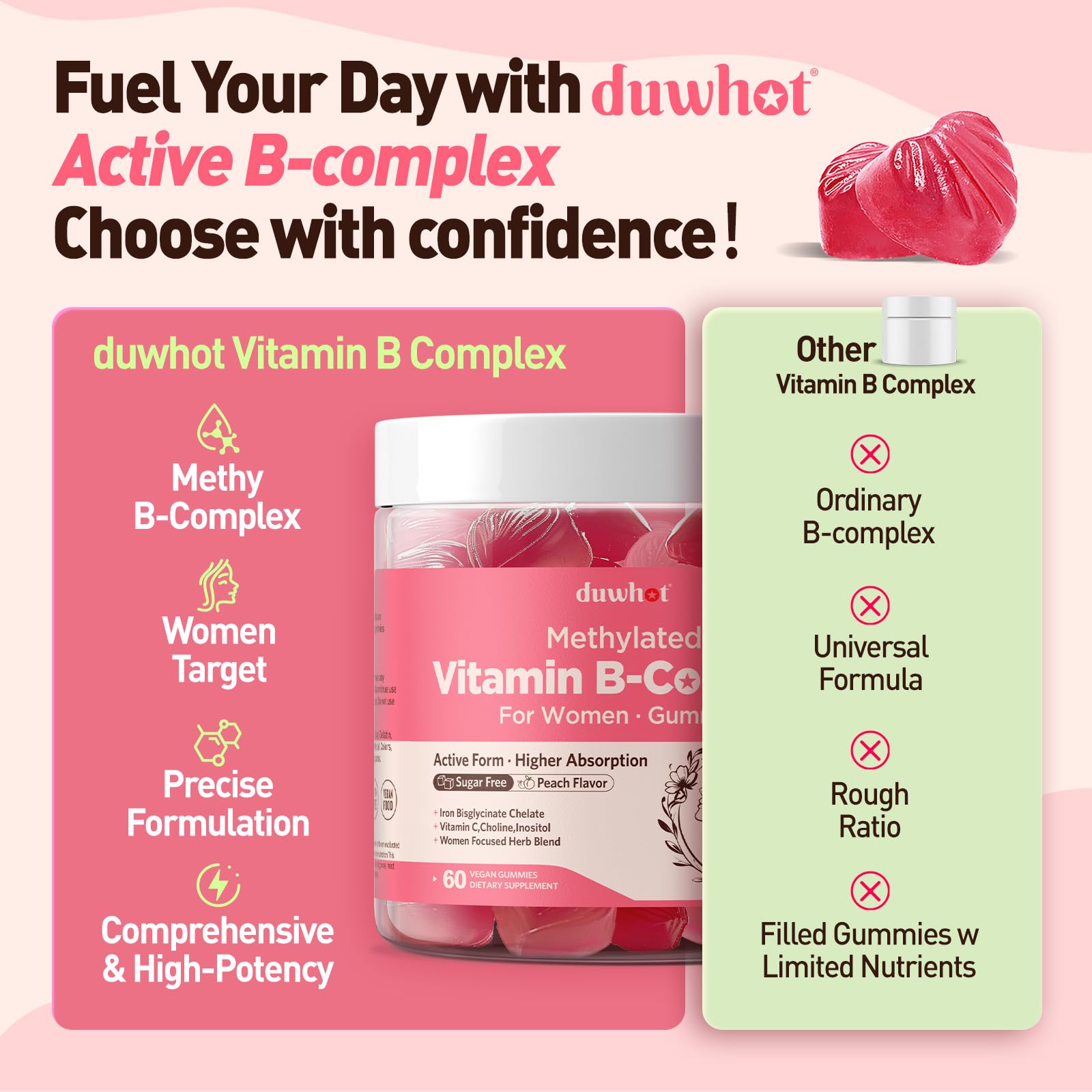 duwhot Methylated B-Complex Women gummies packaging shows vegan, sugar-free formula.