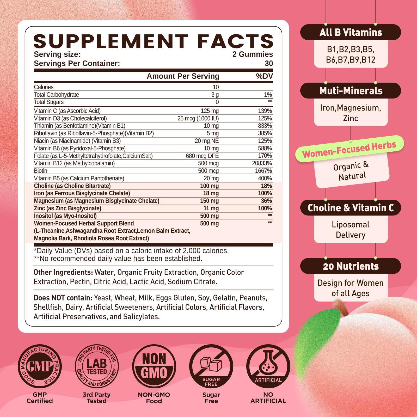 duwhot Methylated B-Complex Women gummies peach flavor close-up.