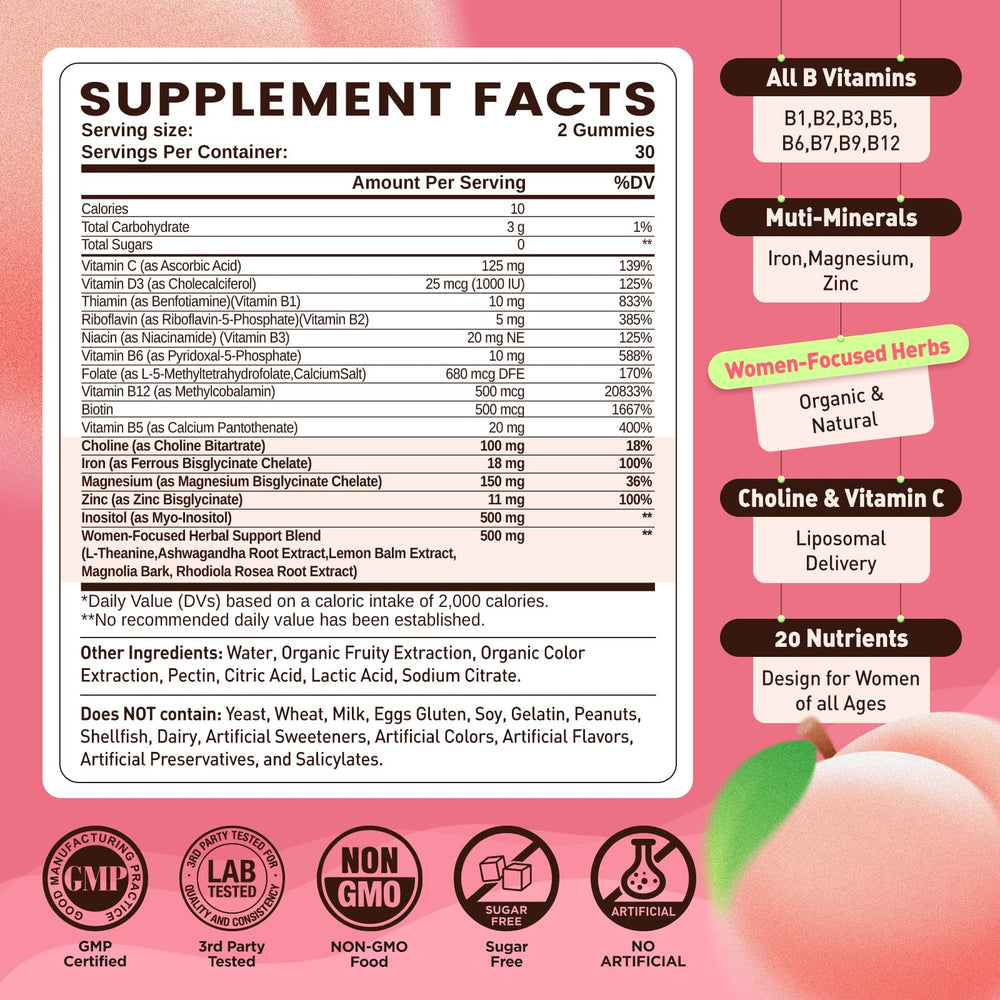 duwhot Methylated B-Complex Women gummies peach flavor close-up.