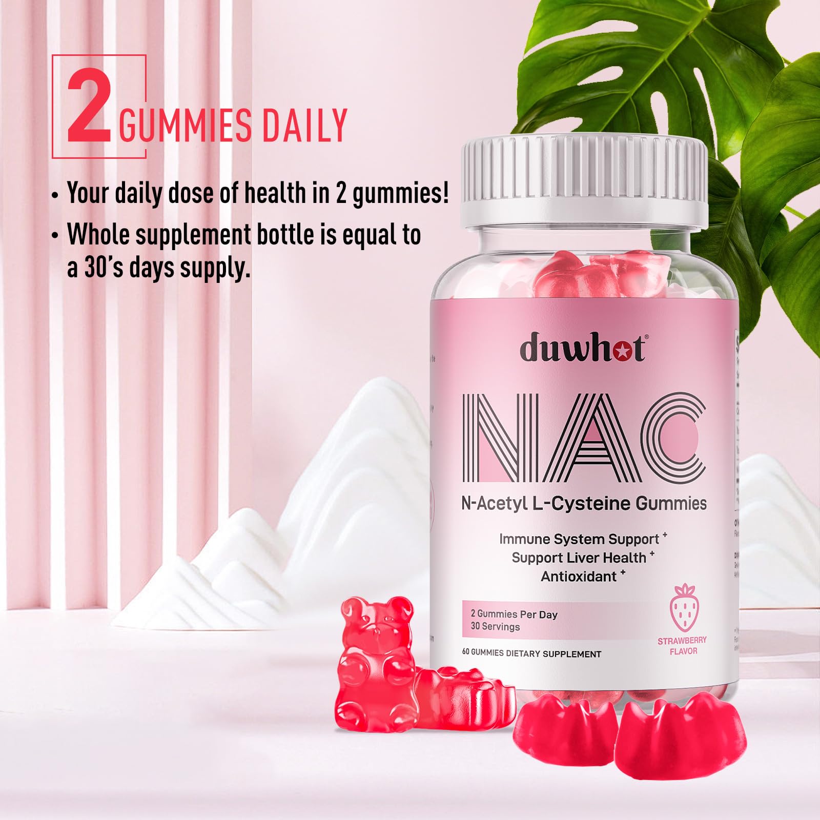 duwhot NAC Gummies vegan ingredients label showing non-GMO and gluten-free