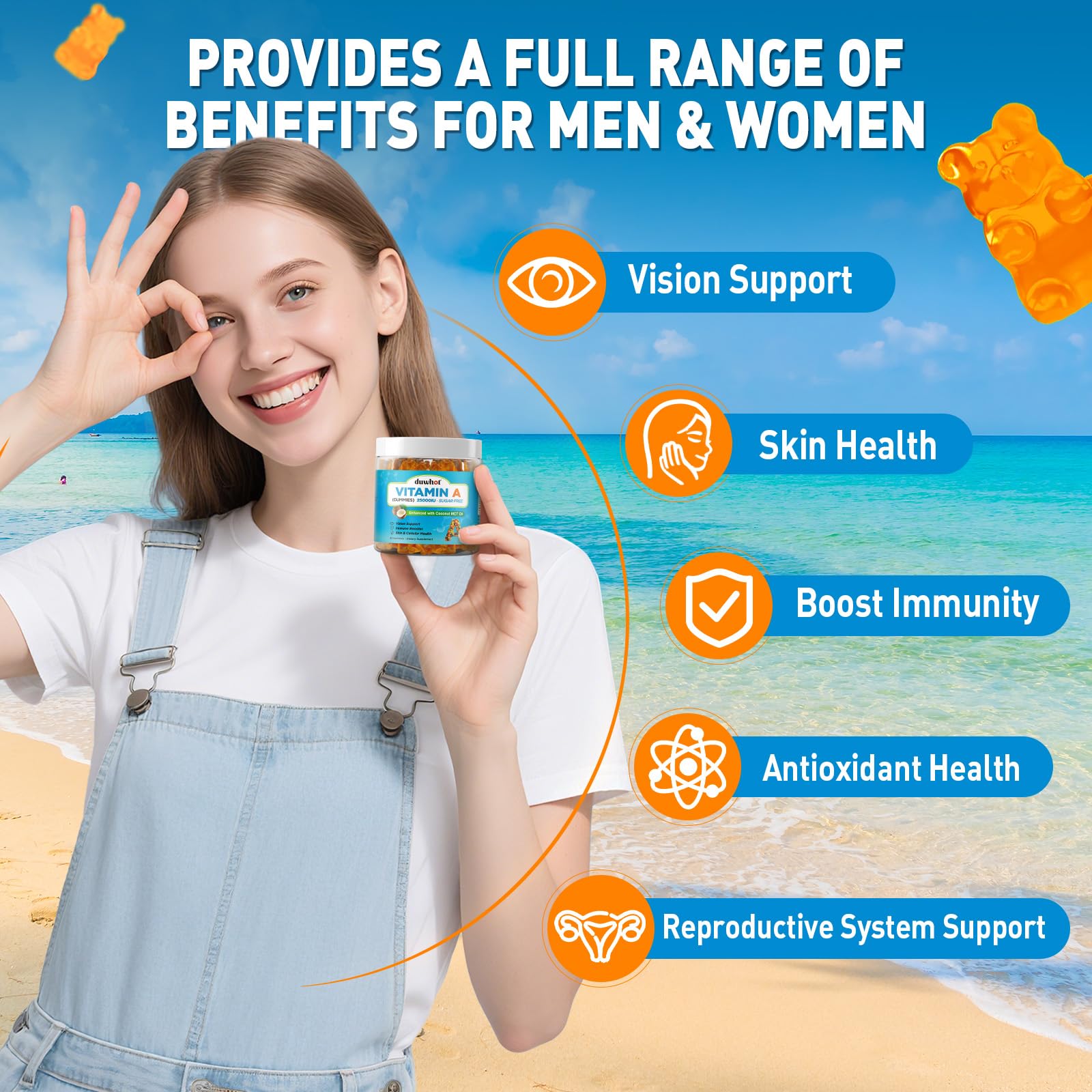 duwhot Vitamin A Gummies orange flavor with no aftertaste, convenient daily intake