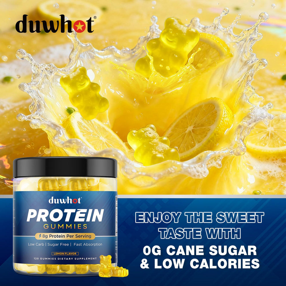 duwhot whey protein gummies lemon on desk with notebook for convenient snack