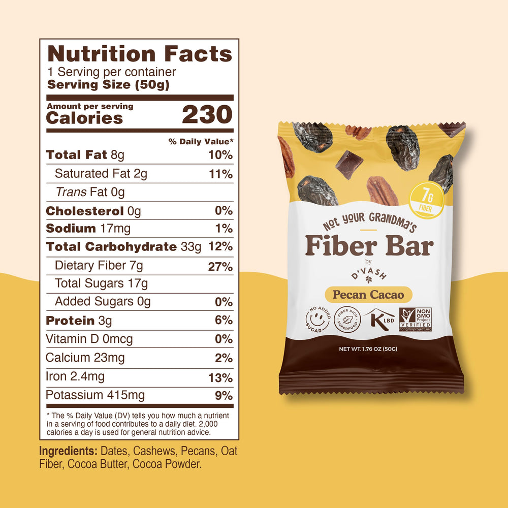 D'Vash Fiber Bars Pecan Cacao bar close-up shows texture and fiber.