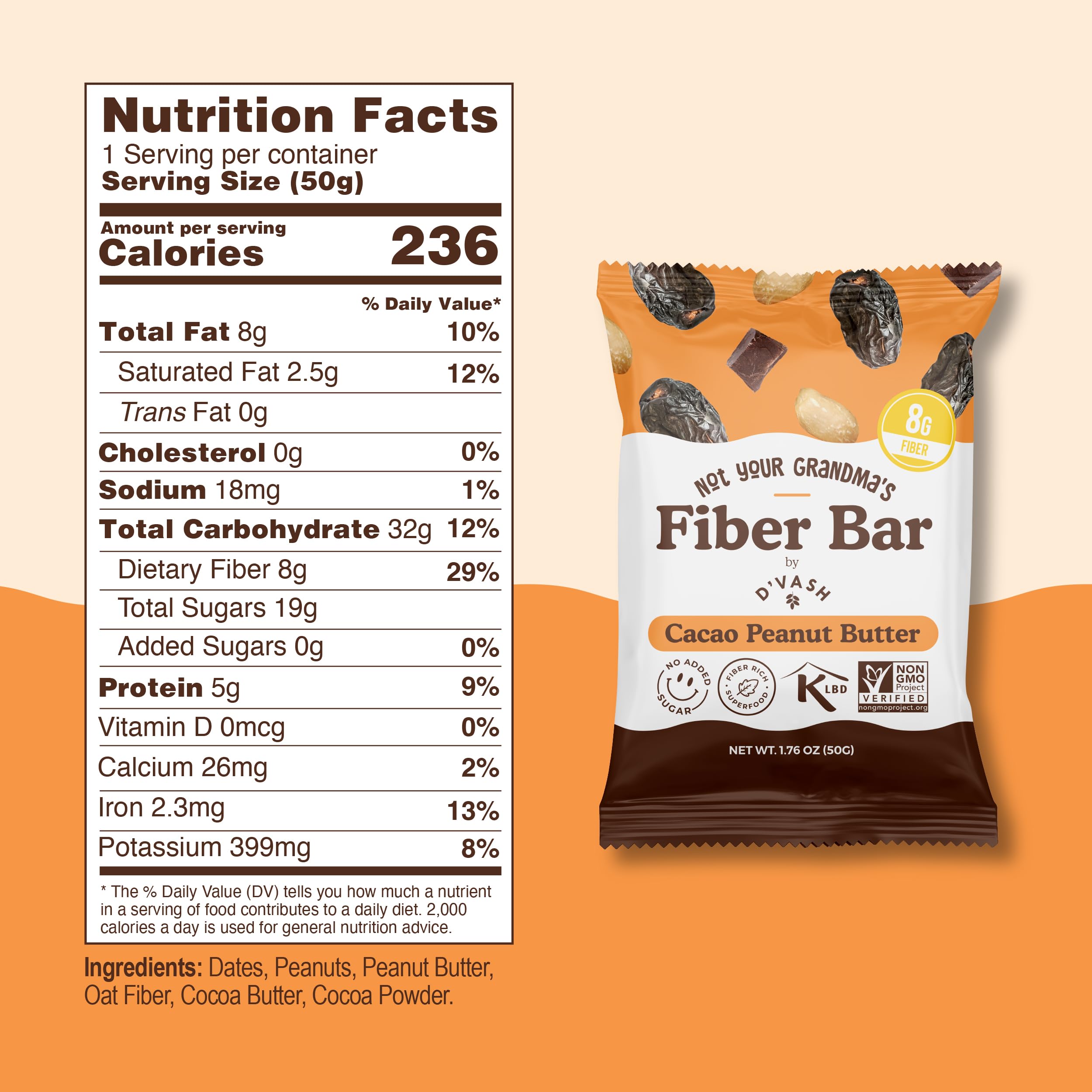 D'Vash Not Your Grandma's Fiber Bars pecan cacao, bite-size treat for steady digestion.