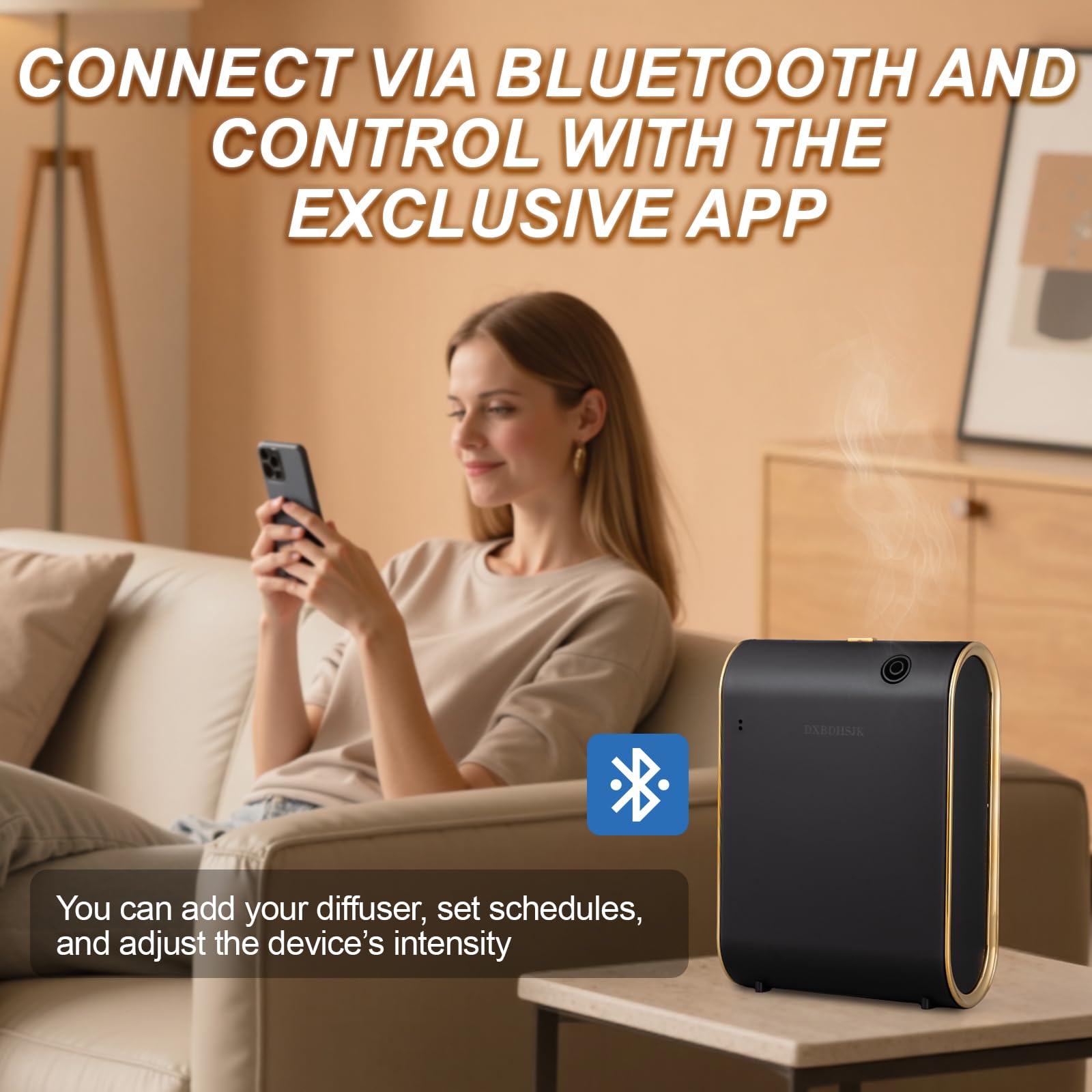 DXBDHSJK diffuser app-control interface highlights easy scheduling and intensity control.