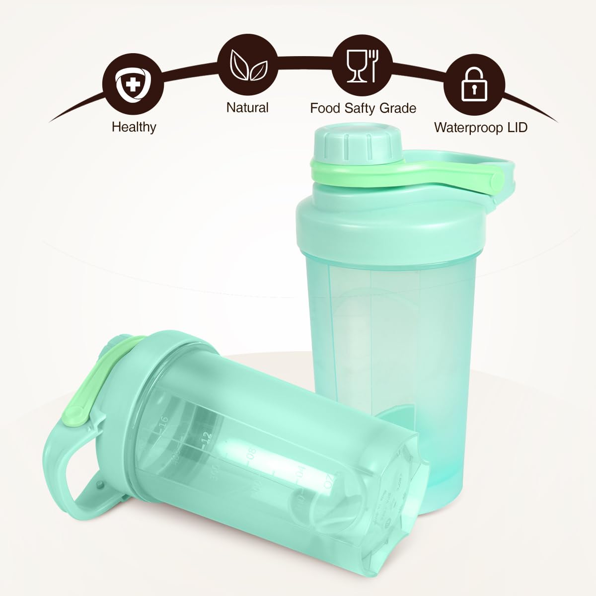 D.Y.A 16oz shaker bottle leak-proof lid prevents spills during workouts.