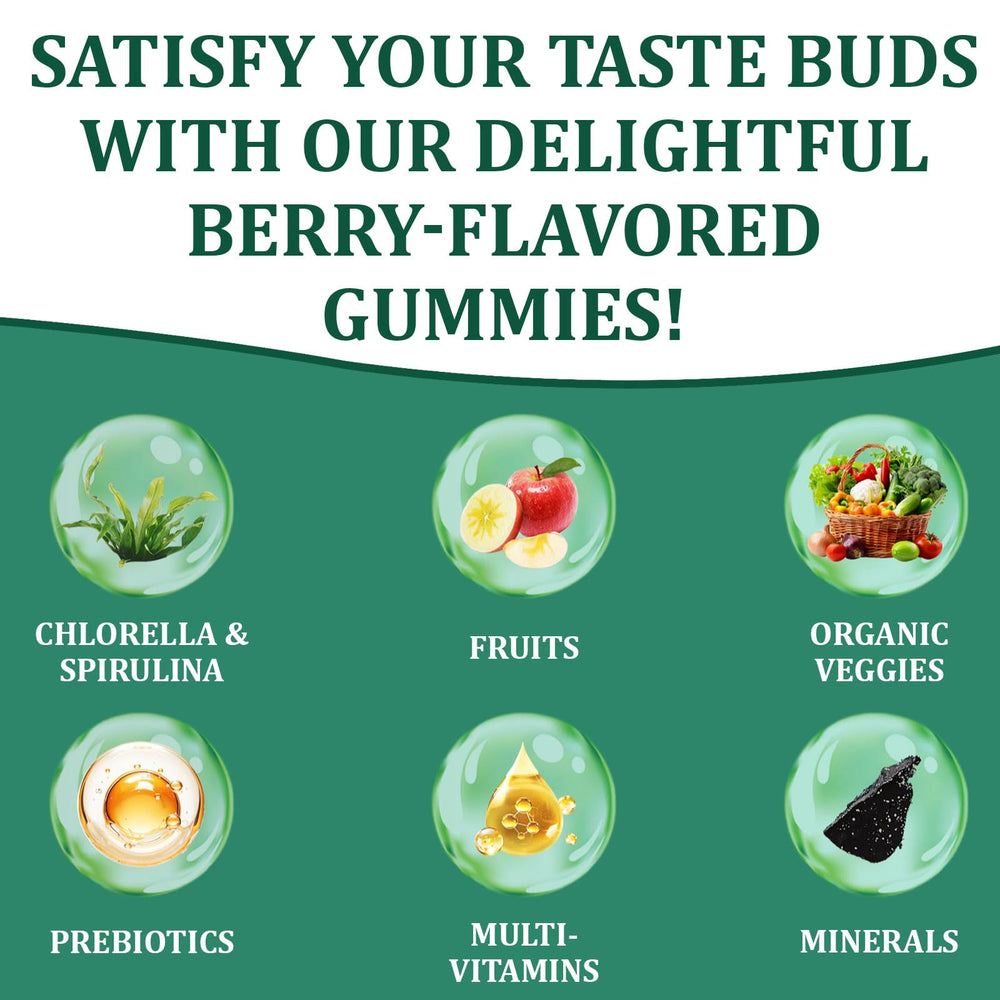 DYDUON Greens Gummies eight-pack display illustrates portable wellness in compact sachets.