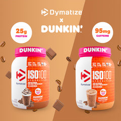 Dymatize Dunkin' Mocha Latte pouring shot highlights fast-absorption protein for workouts.