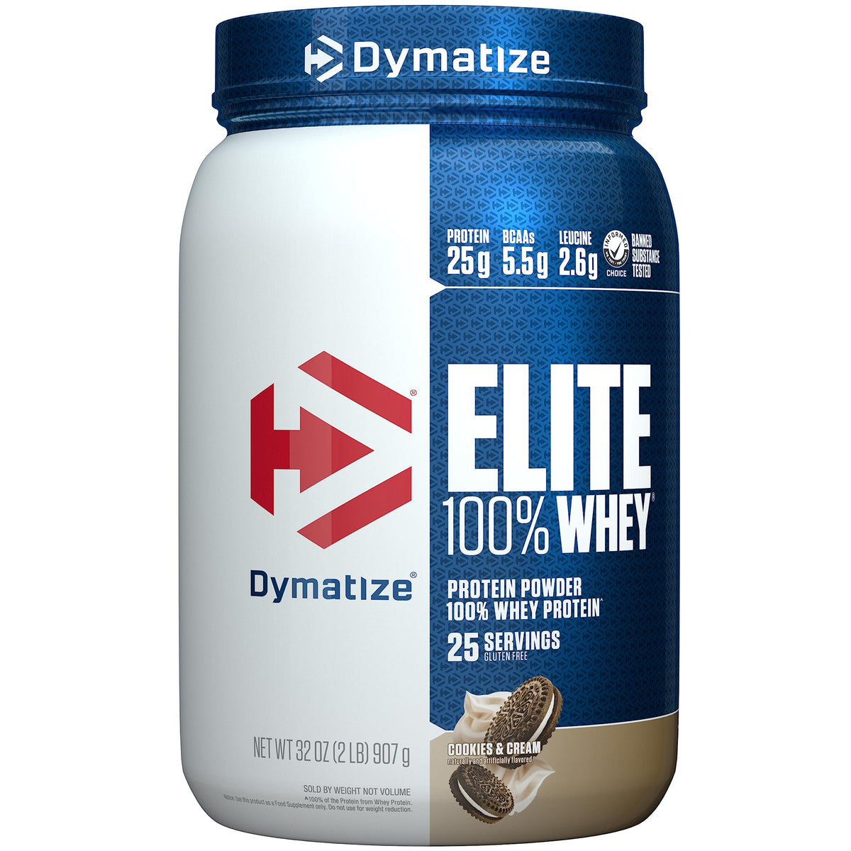 Dymatize Elite 100% Whey Cookies & Cream scoop ready to mix after training.
