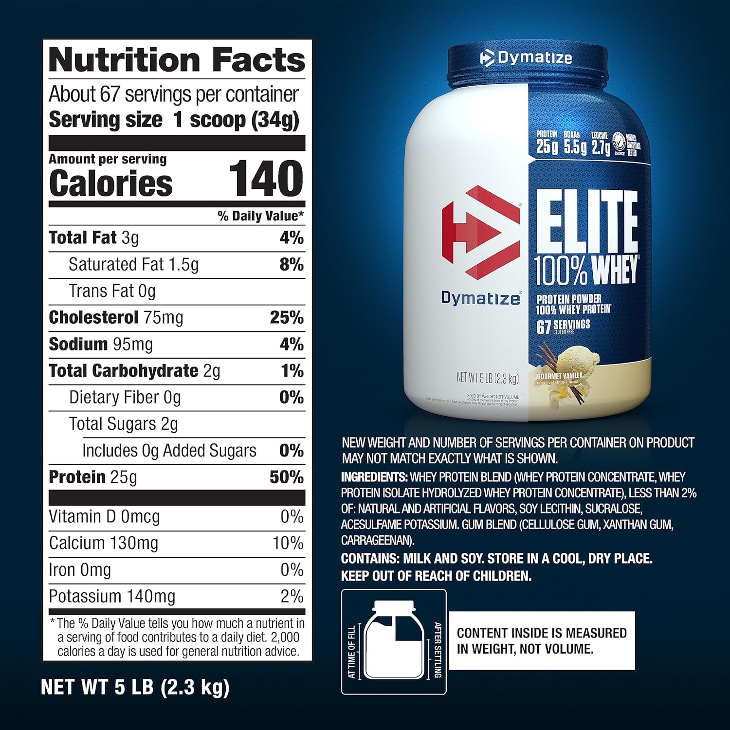 Dymatize Elite 100% Whey Vanilla nutrition panel emphasizes macro details and ingredients.
