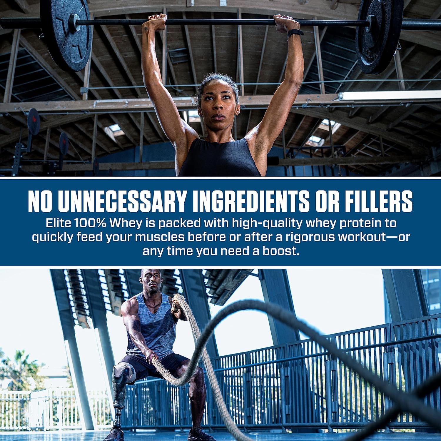 Dymatize Elite 100% Whey Vanilla nutrition panel highlights protein and BCAAs for support.