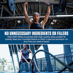 Dymatize Elite 100% Whey Vanilla nutrition panel highlights protein and BCAAs for support.