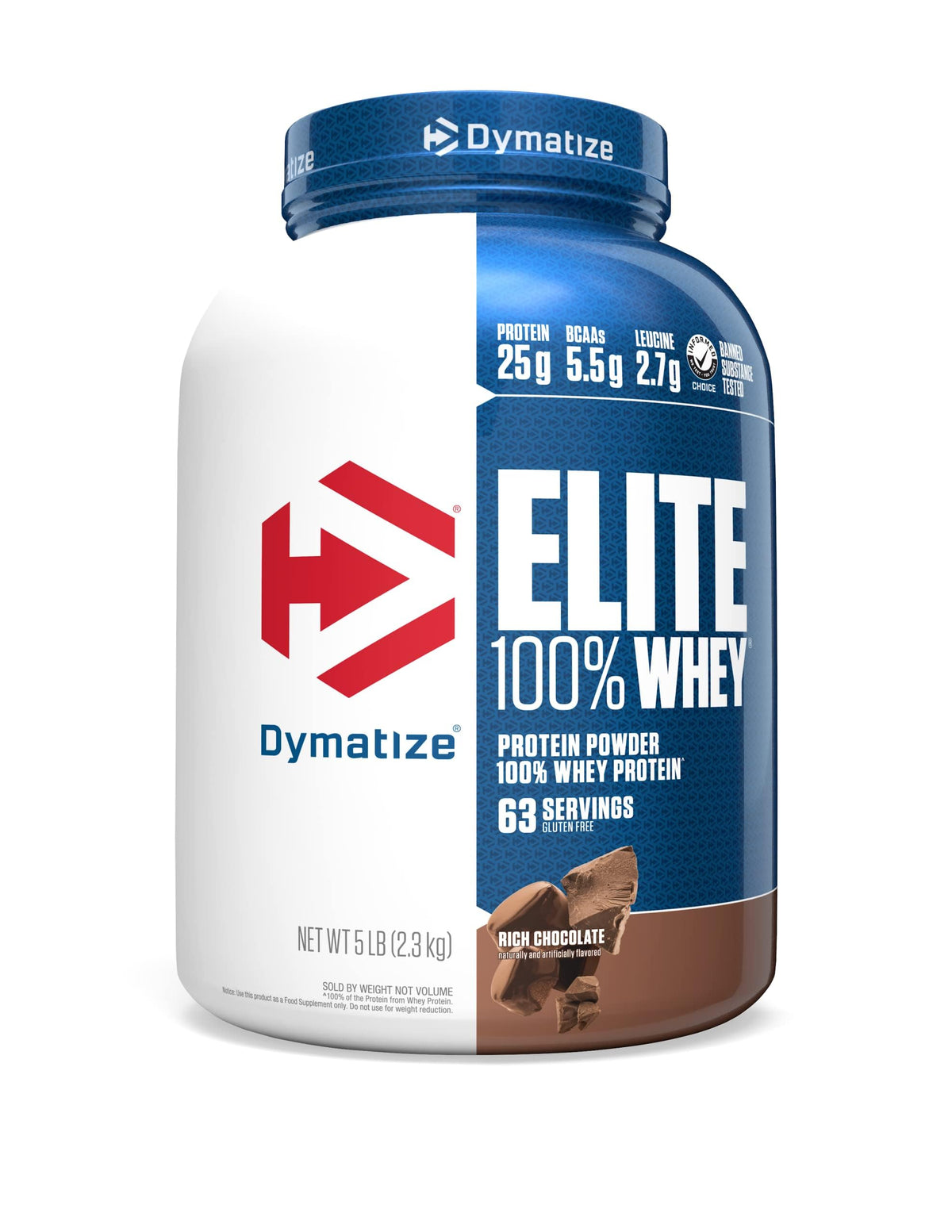 Dymatize Elite 100% Whey rich chocolate bottle pour, quick protein intake after workouts.