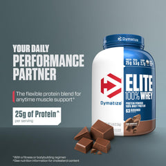 Dymatize Elite 100 Whey scoop and tub, convenient post-workout protein source.