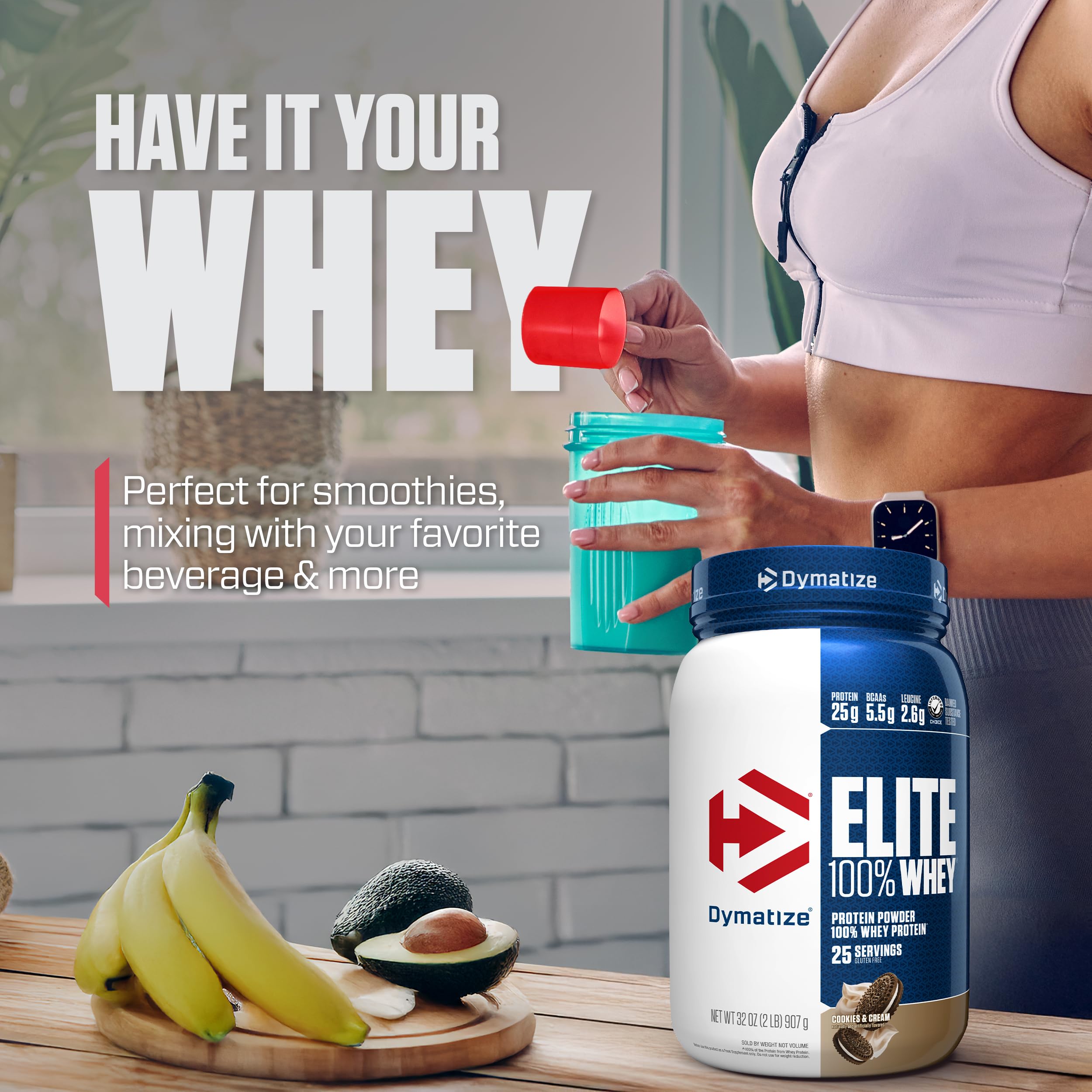 Dymatize Elite 100% Whey shake in a bottle after a workout.