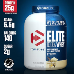Dymatize Elite 100% Whey Vanilla scoop dissolves quickly in water for easy mixing.