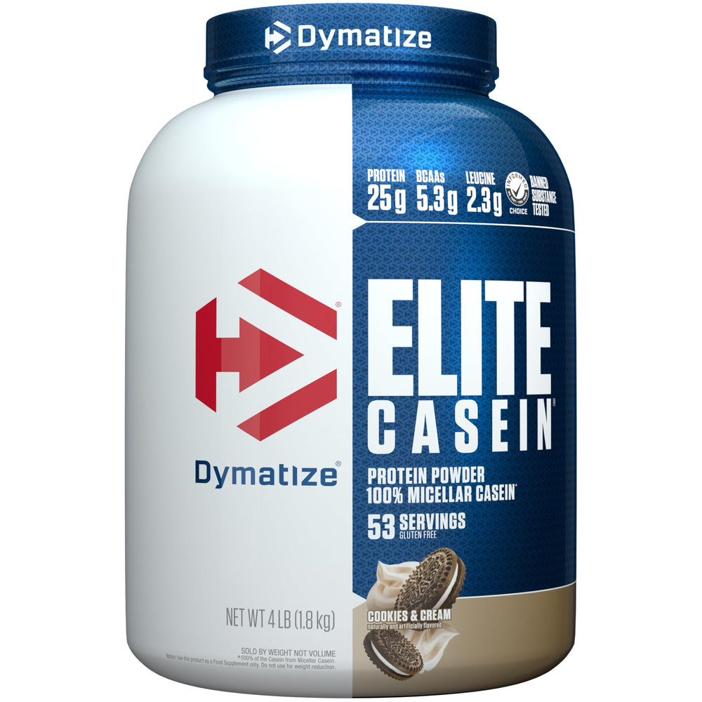 Dymatize Elite Casein Cookies and Cream bottle for steady overnight protein support.