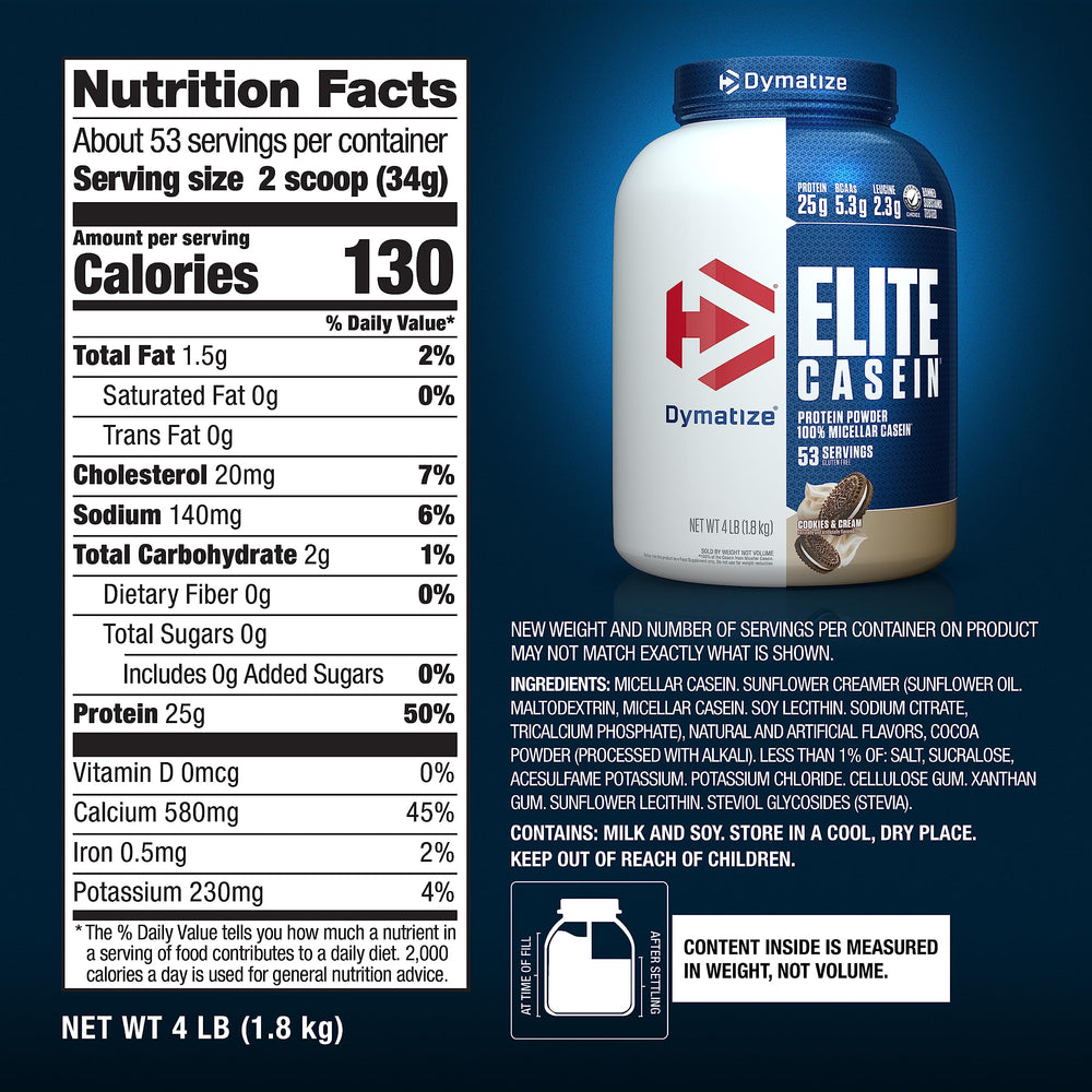 Dymatize Elite Casein Cookies and Cream pour for a slow-release nighttime shake.
