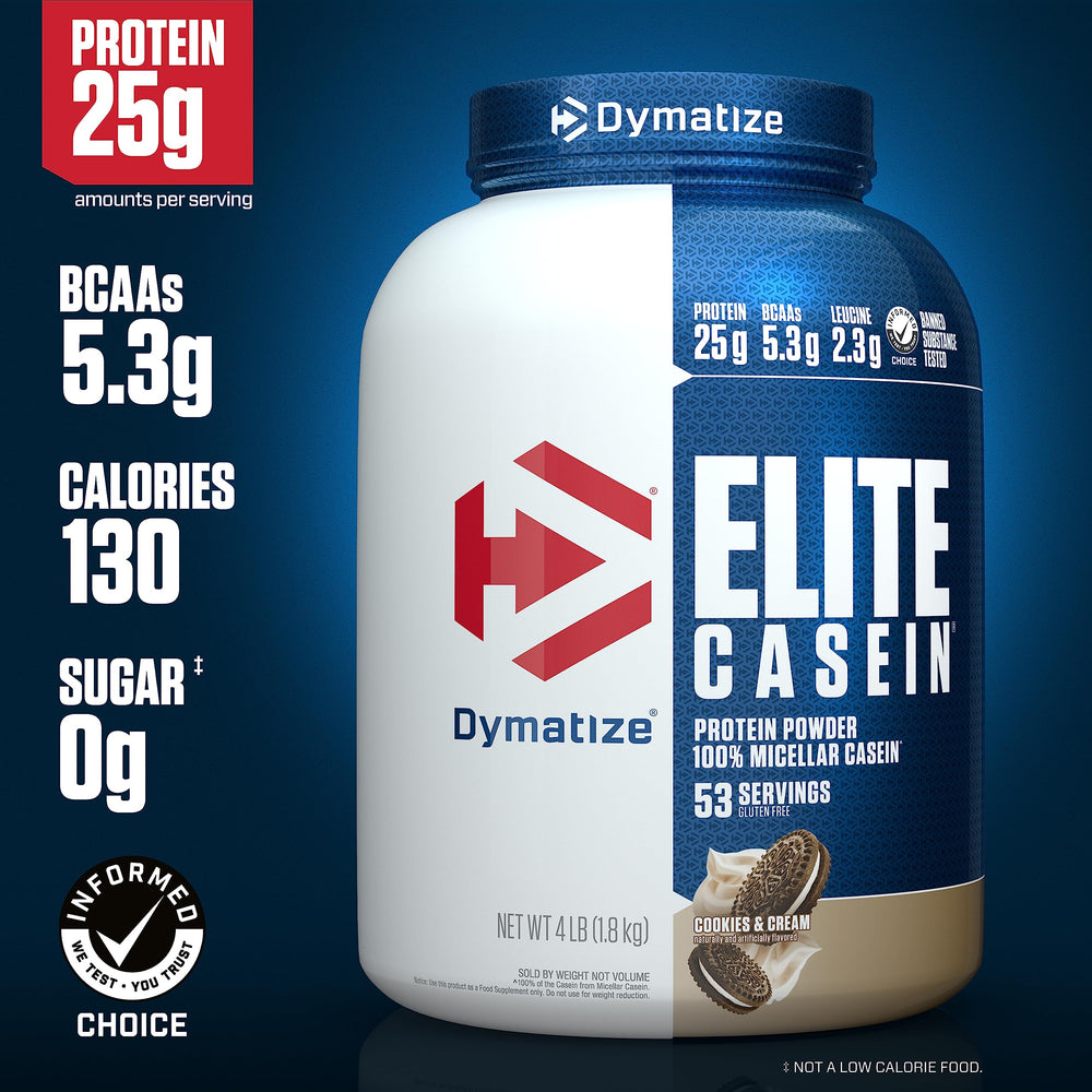 Dymatize Elite Casein Cookies and Cream scoop for convenient nighttime fueling.
