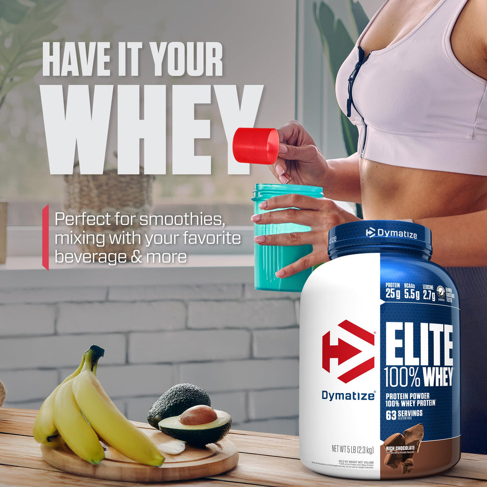 Dymatize Elite whey post-workout glass, recovery-friendly protein intake.