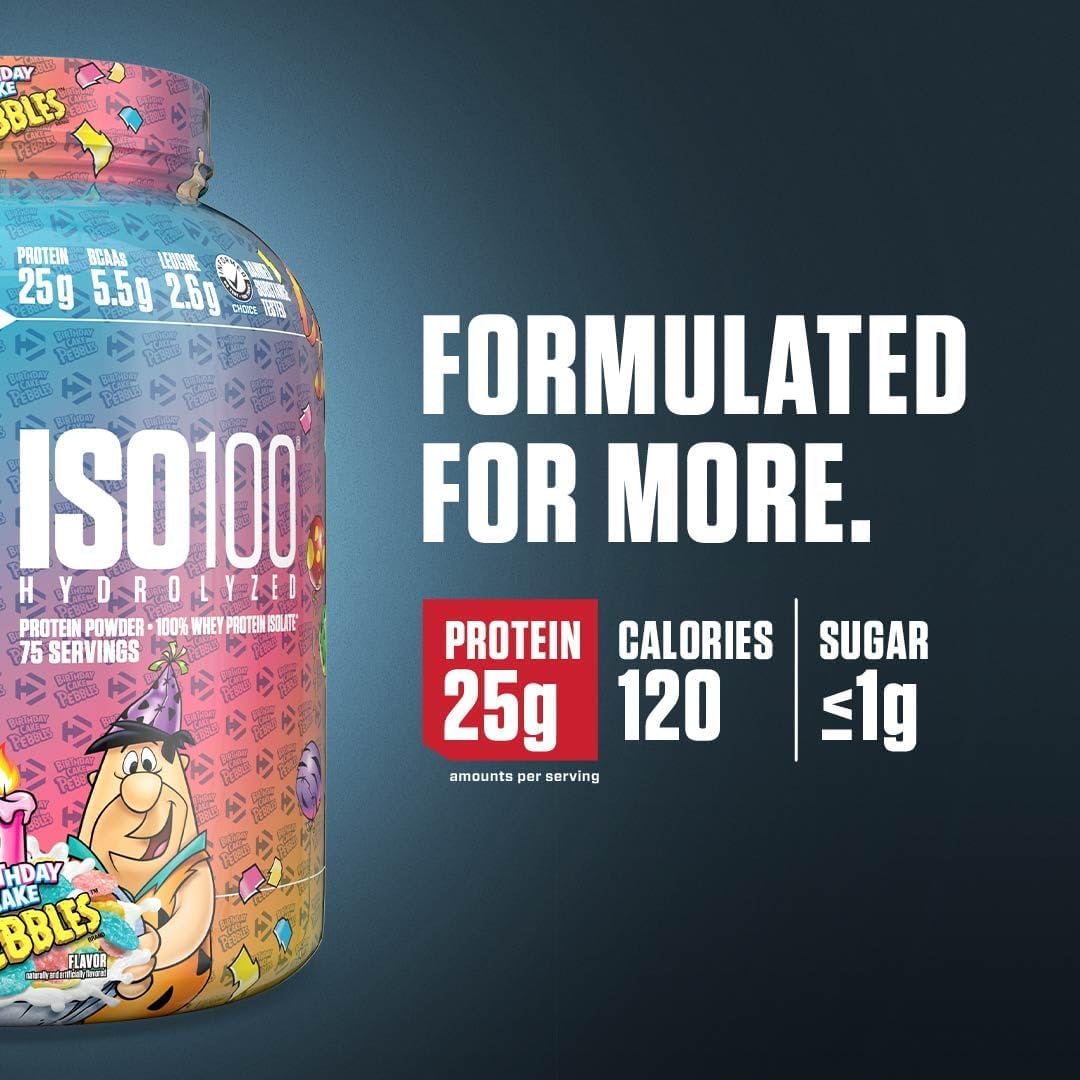 Dymatize ISO100 Birthday Cake flavor scoop ready for a post-workout shake.