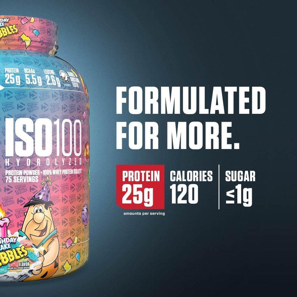 Dymatize ISO100 Birthday Cake flavor scoop ready for a post-workout shake.