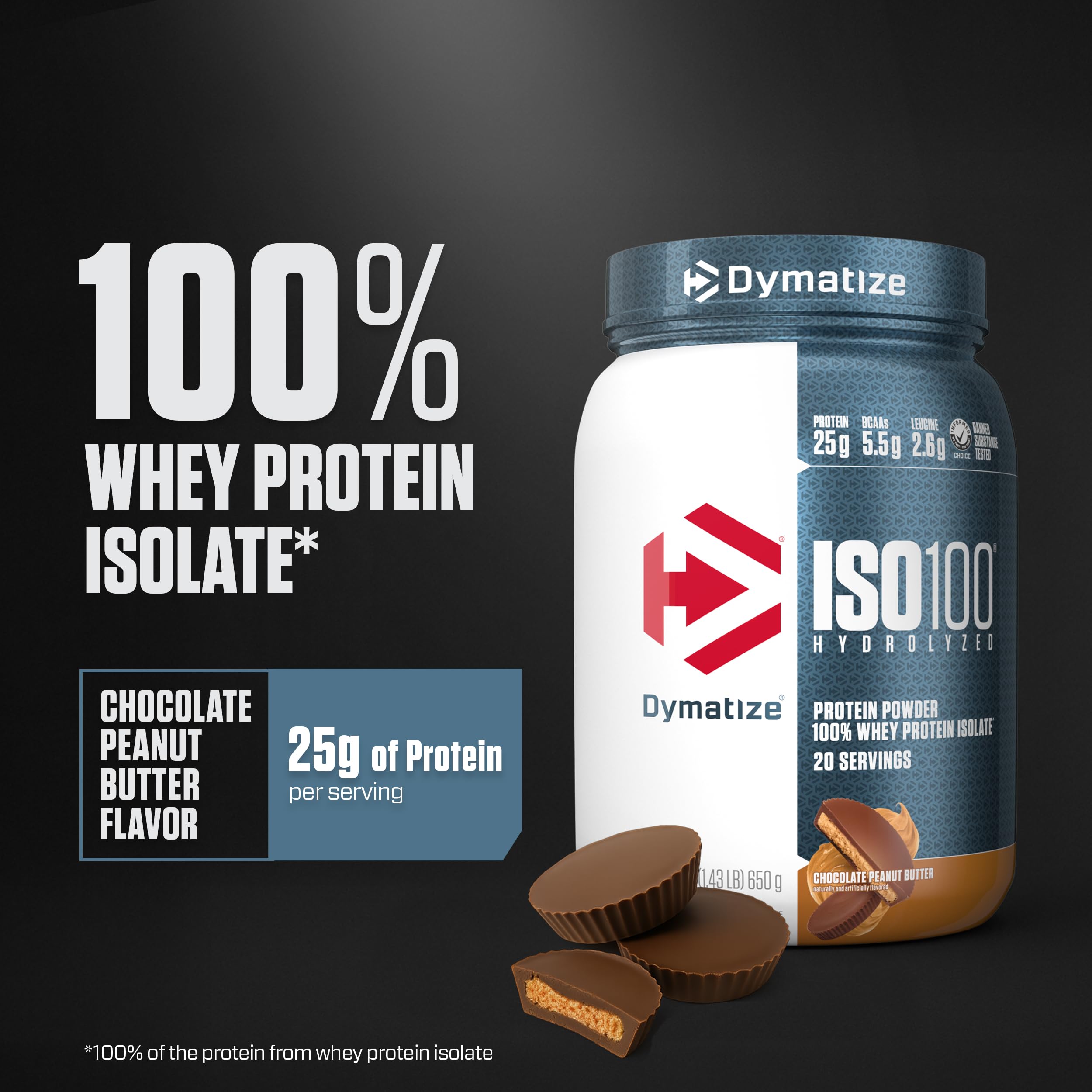 Dymatize ISO100 bottle with scoop ready for a post workout shake