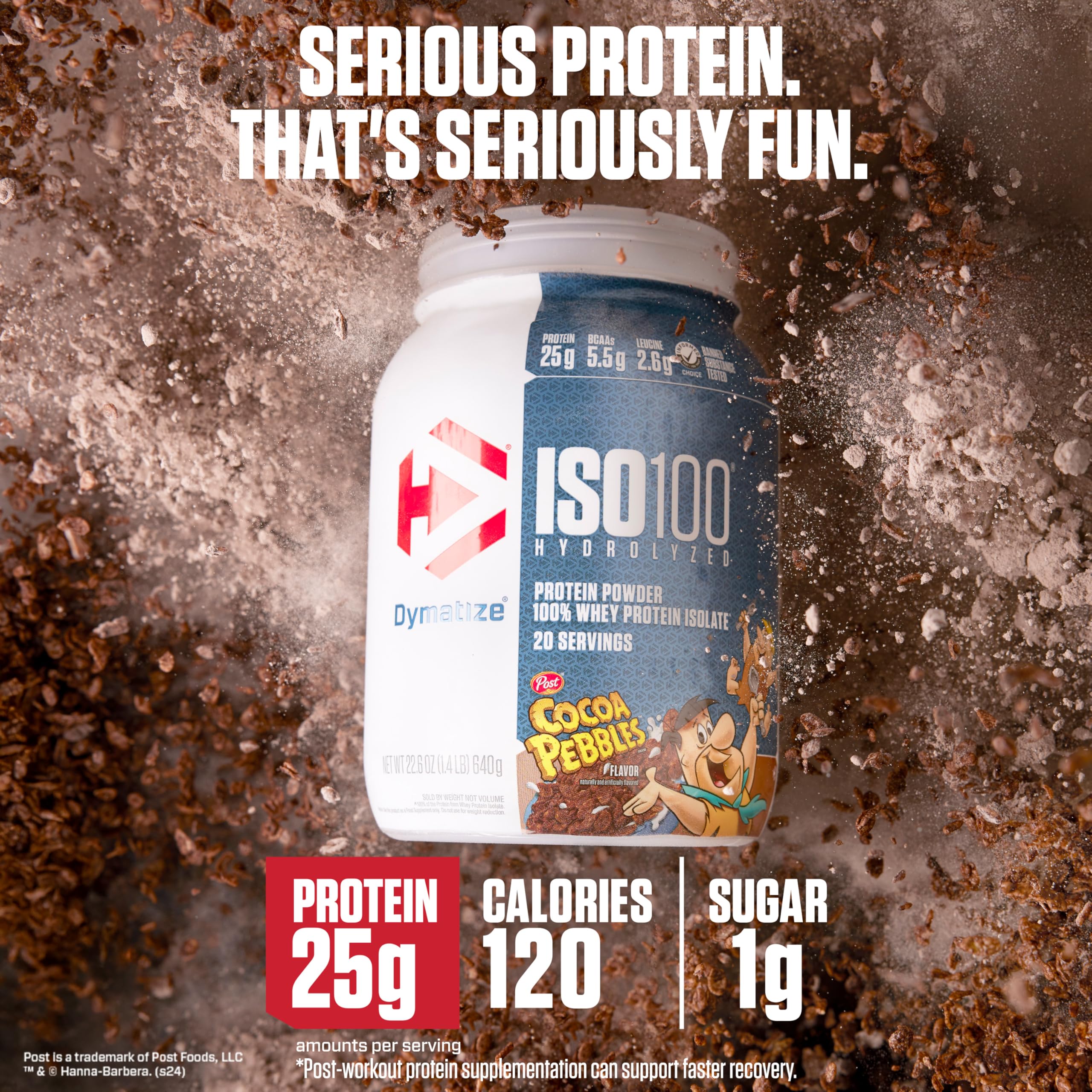 Dymatize ISO100 Cocoa Pebbles scoop measuring a 25 g protein serving.