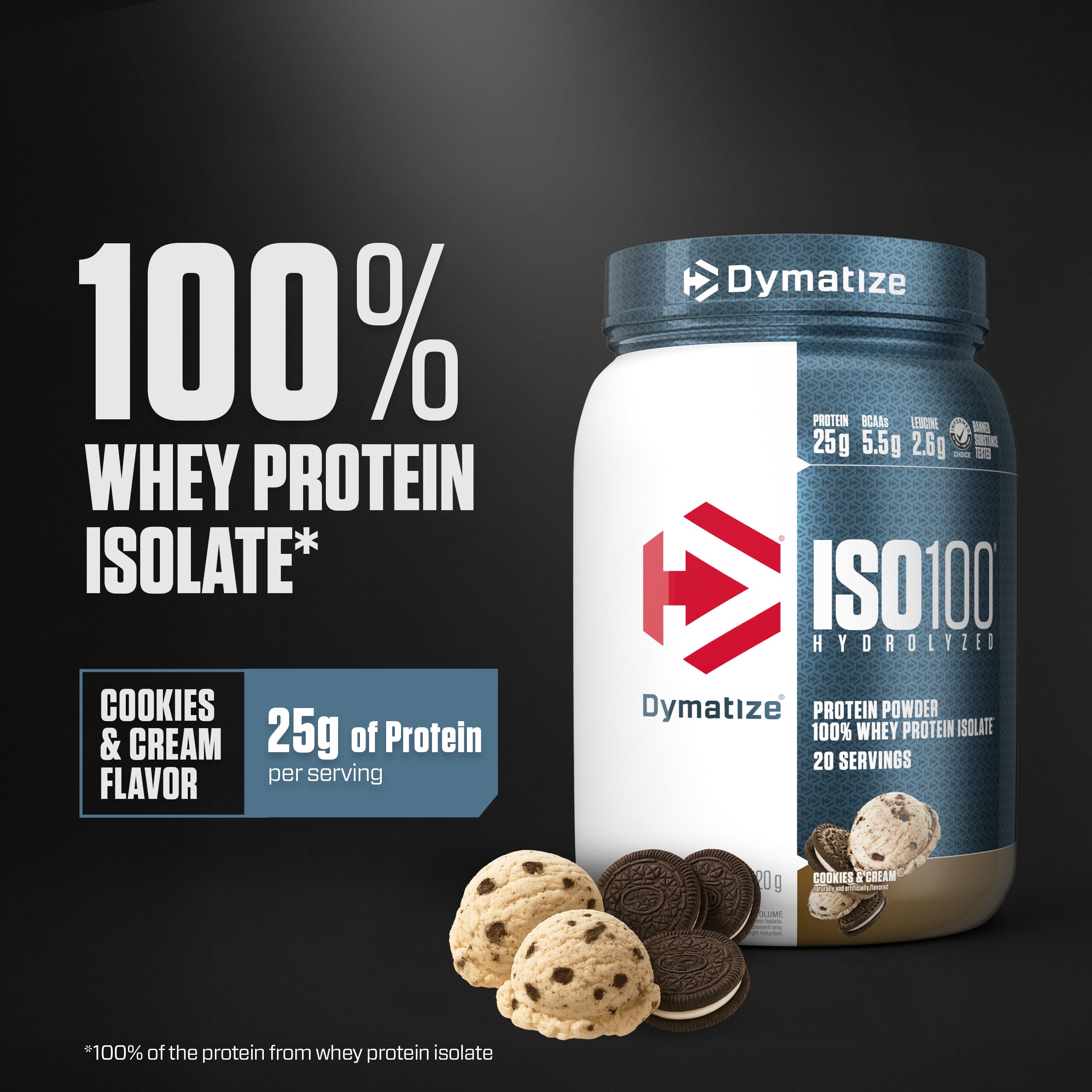 Dymatize ISO100 Cookies & Cream powder close-up showing premium isolate texture.
