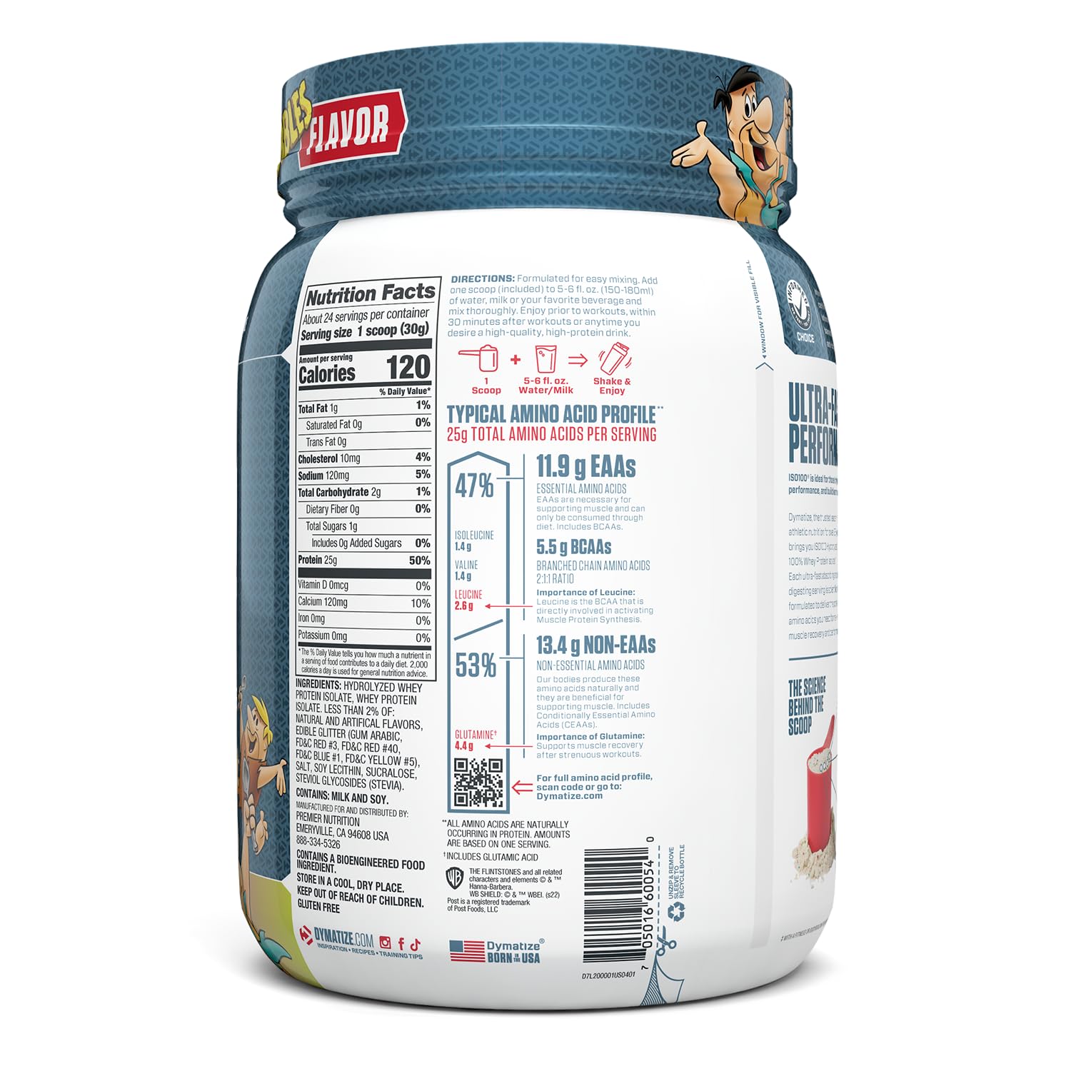 Dymatize ISO100 Fruity Pebbles bag with scoop on countertop, easy to store.