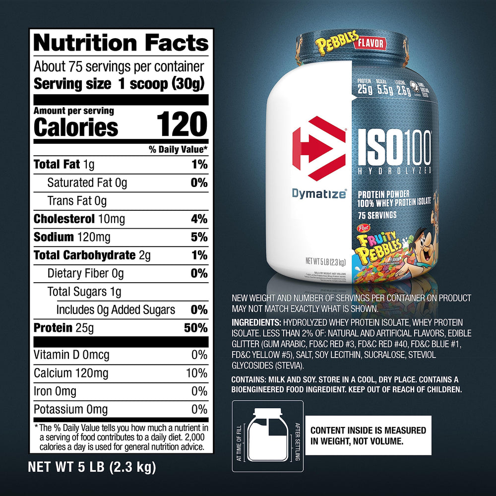 Dymatize ISO100 Fruity Pebbles scoop illustrating precise serving measurement