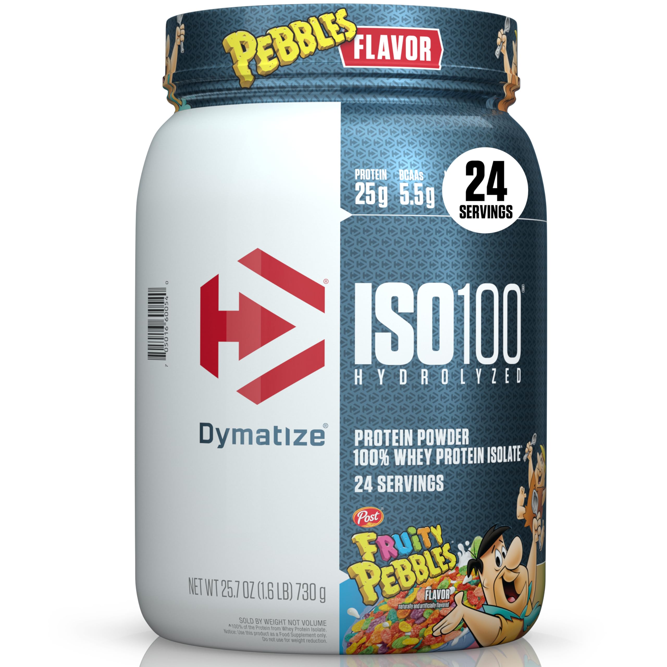 Dymatize ISO100 Fruity Pebbles tub front, highlighting flavor and 25g protein per serving for post-workout recovery.