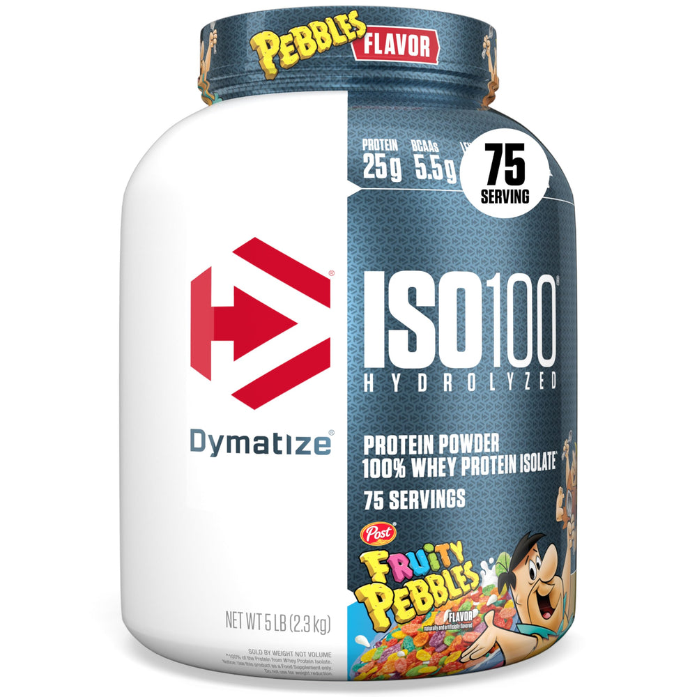 Dymatize ISO100 Fruity Pebbles tub displaying high-protein formula for recovery