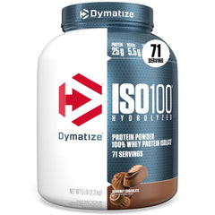 Dymatize ISO100 Gourmet Chocolate tub highlighting high-purity whey protein.