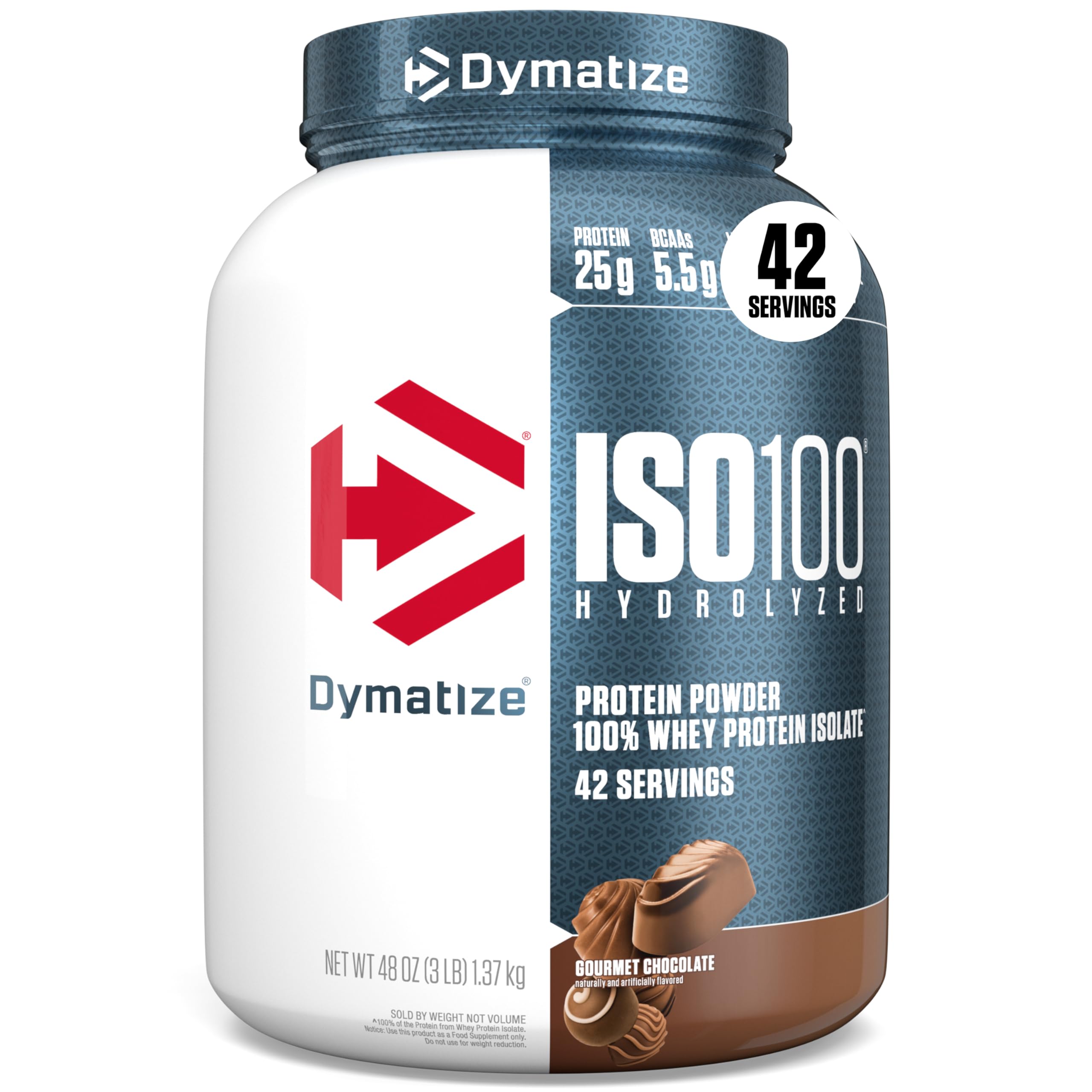 Dymatize ISO100 hydrolyzed protein bottle highlighting fast absorption and quality.
