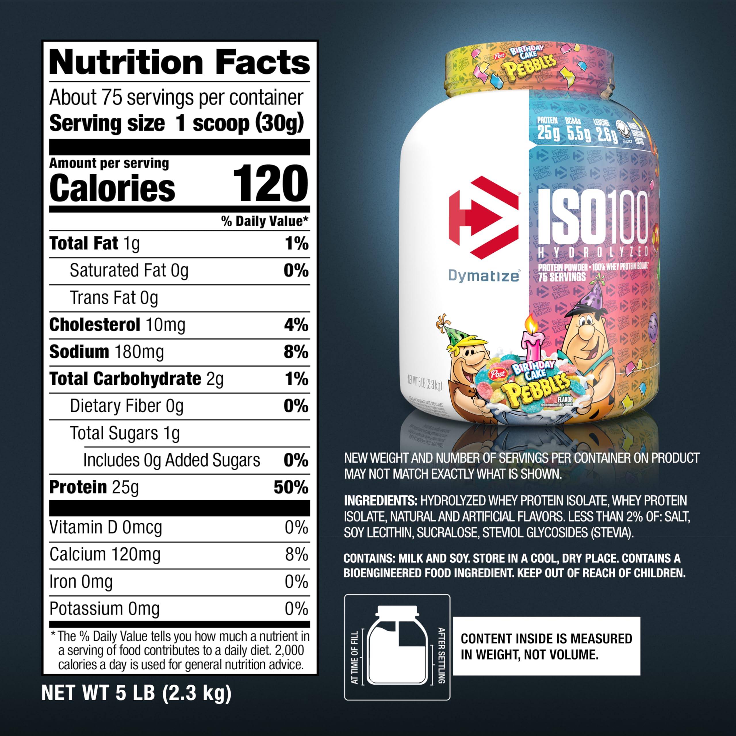 Dymatize ISO100 nutrition facts label emphasizes low fat and sugar per serving.