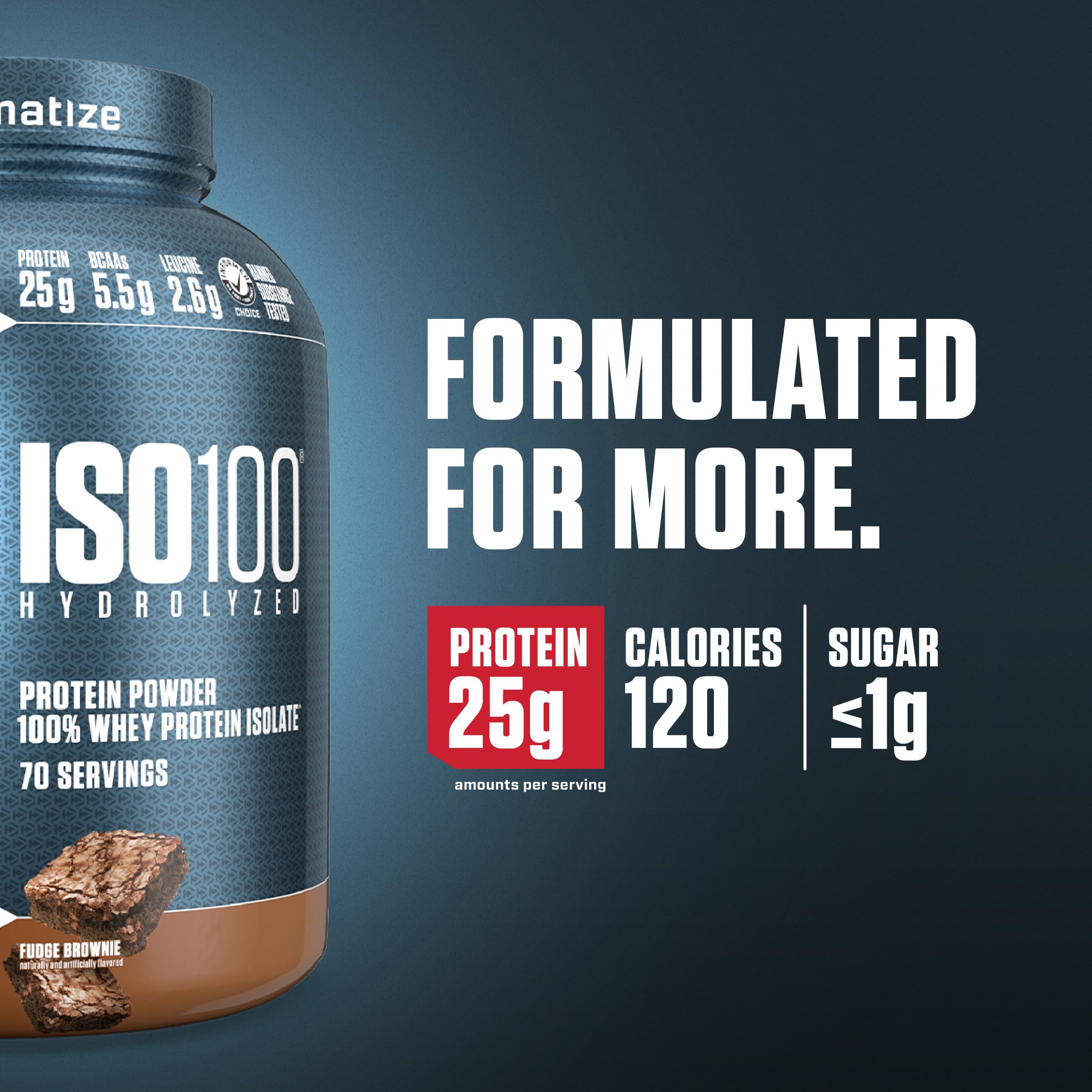 Dymatize ISO100 nutrition facts panel highlights protein and macros.