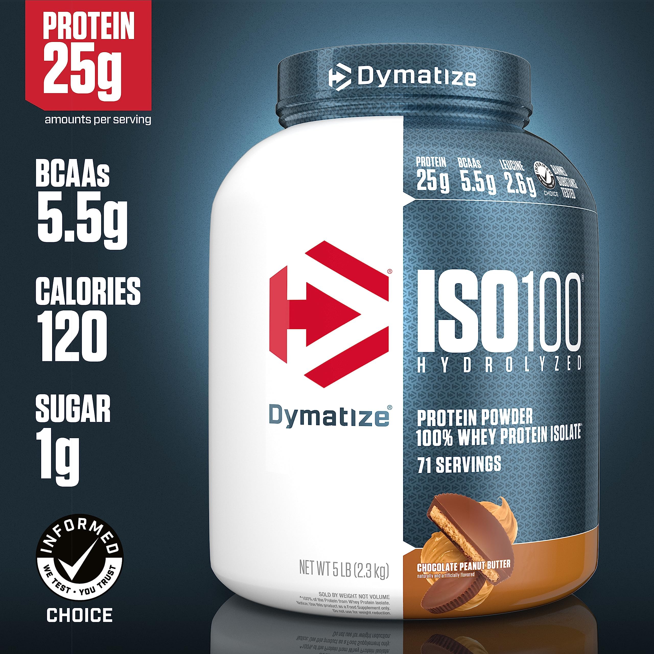 Dymatize ISO100 nutrition panel shows low sugar and calories for a balanced shake.