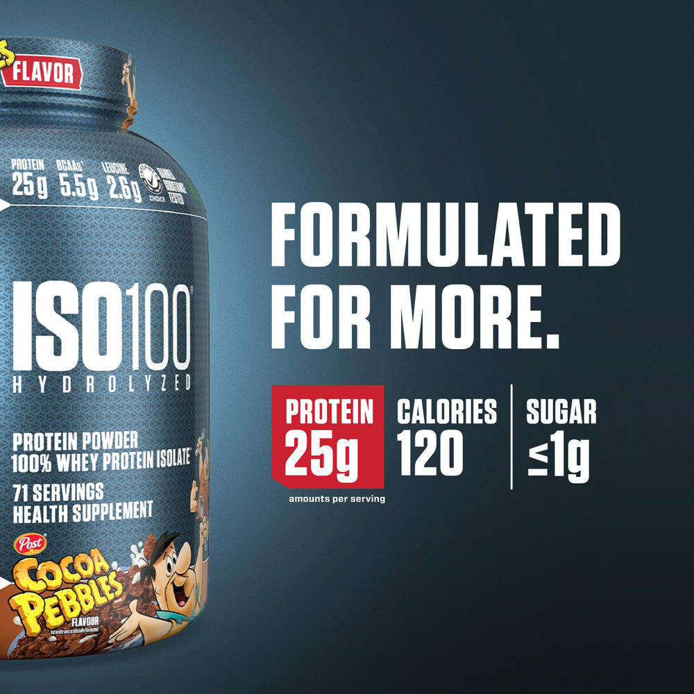 Dymatize ISO100 Pebbles Cocoa close-up of fine protein powder