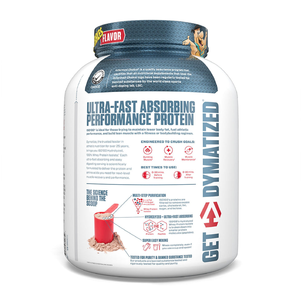 Dymatize ISO100 Pebbles Cocoa powder scoop showing fast-digesting protein